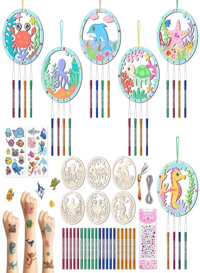 TREACLUB 12Pack Wind Chime Kit for Kids Make Your Own Ocean Animals Wind Chime DIY Coloring Wood Crafts Summer Wooden Arts and Crafts Under Sea Ornaments for Boys Girls School Activities Party Decoration - Image 1